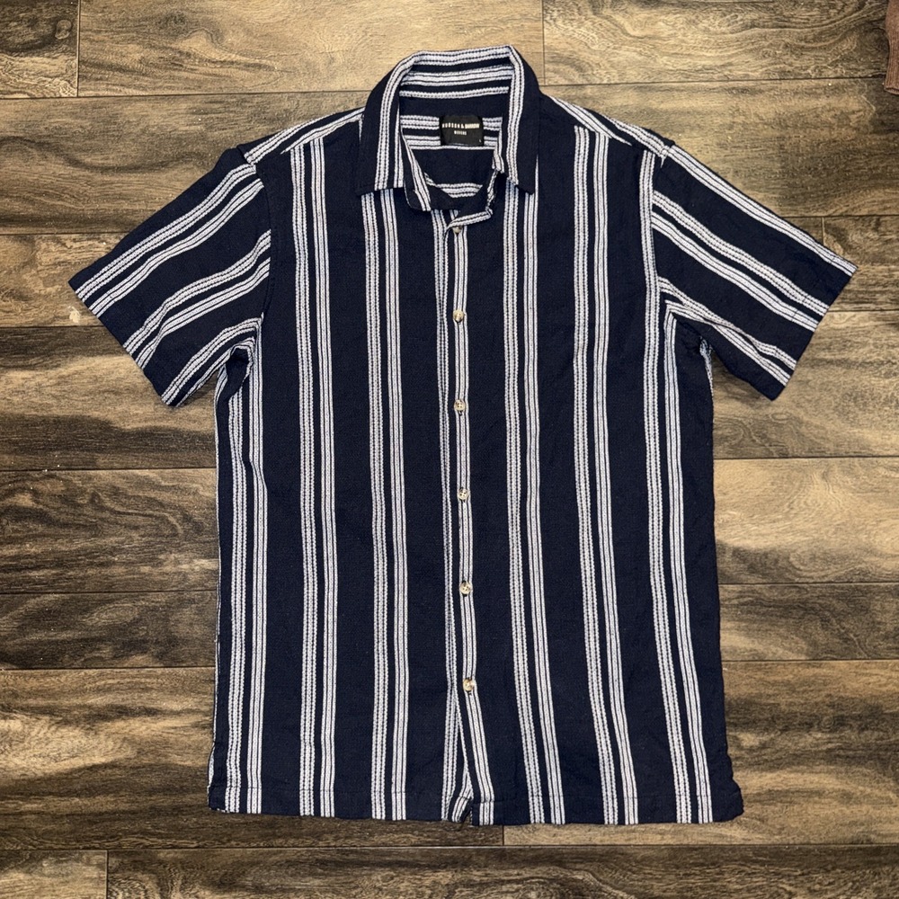 Hudson & Barrow Woven Button-Down Shirt Short Sleeve Men's Size L Navy Striped